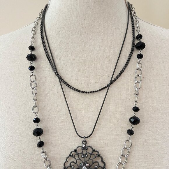 Black and Silver Layered Chain Pendant Necklace 26" - Picture 3 of 4
